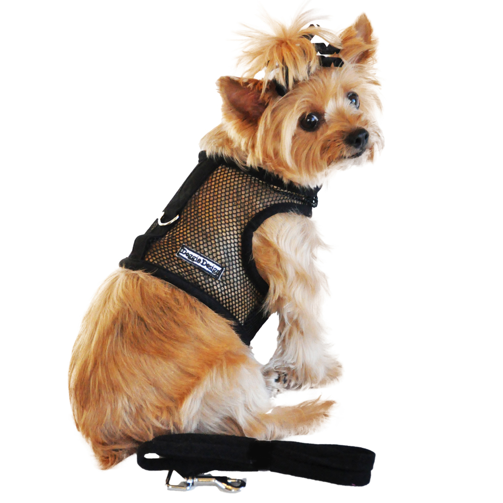 Doggie Design Cool Mesh Dog Netted Harness with Leash Solid Black